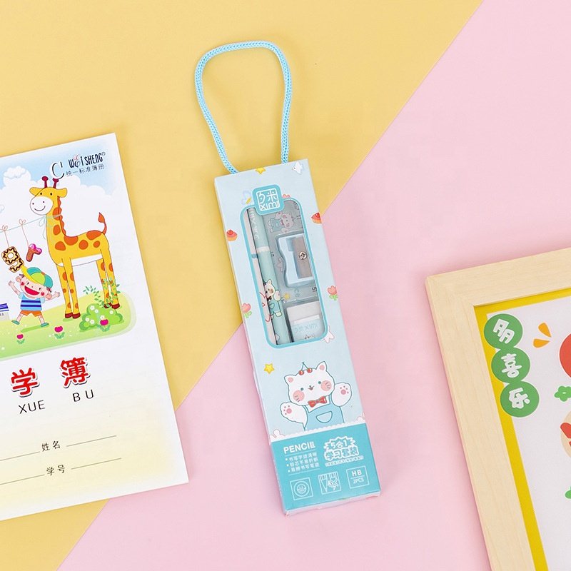 Wholesale school cartoon cute ruler sharpener pencil and eraser kids stationery set