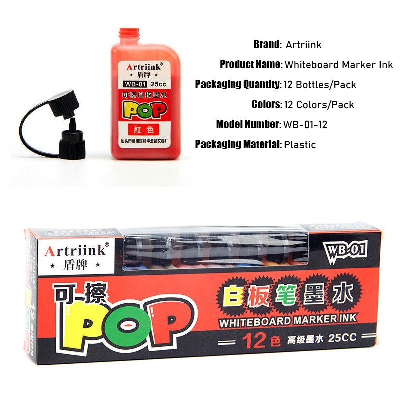 Whiteboard Marker Ink 12 Colors 25ml Erasable Refillable Refill Liquid for Children's Drawing Boards Wholesale WB-01-12