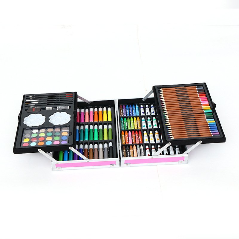 High quality spot 145 children's painting watercolor pen color pencil double wooden box art set wholesale