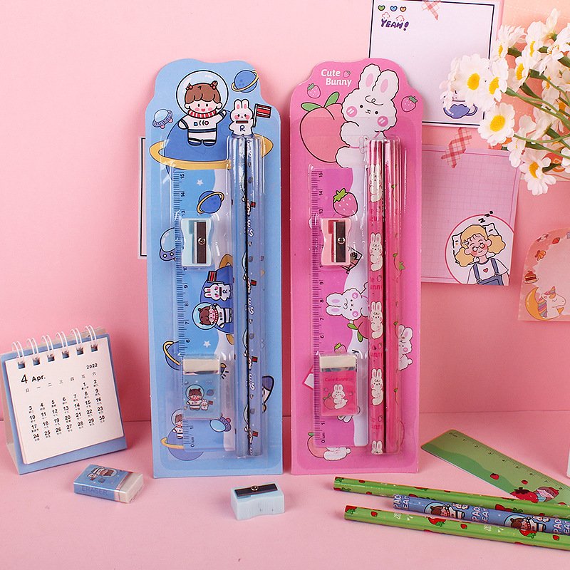 5Pcs/set Cute Rabbit Bear Pencil Set with Pencil Sharpener Kawaii Children's Pencils Gift School Supplies