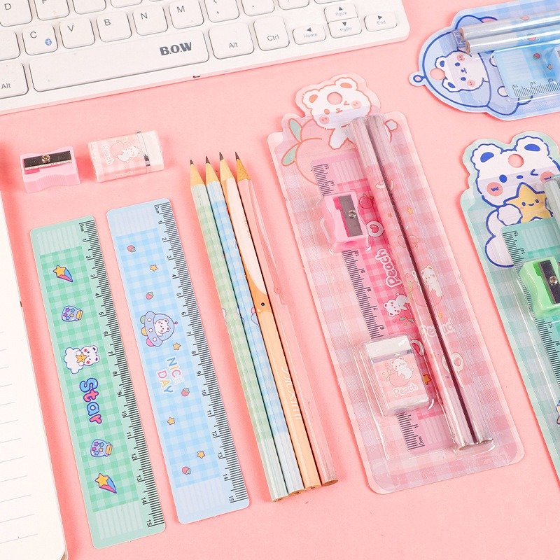 School pencil set, student eraser, pencil sharpener, ruler, 5-piece set, stationery, Children's Day gift, learning supplies
