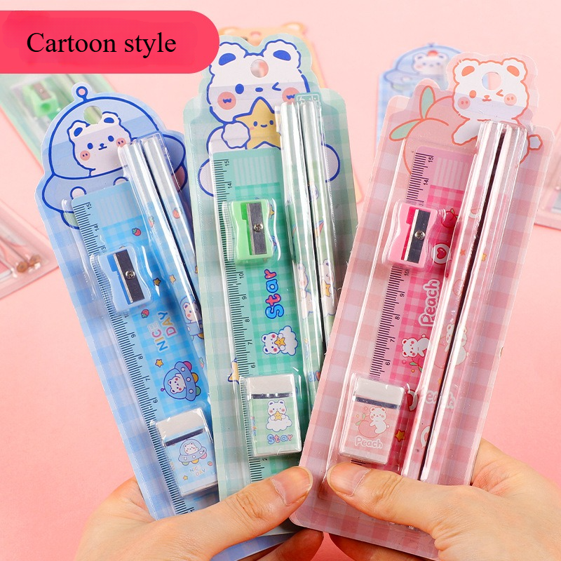 School pencil set, student eraser, pencil sharpener, ruler, 5-piece set, stationery, Children's Day gift, learning supplies
