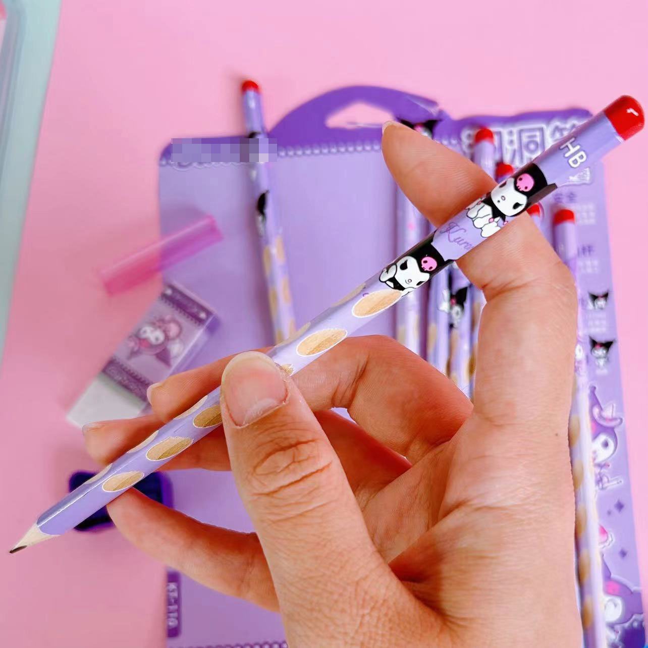 12pc/set HB Pencil Kuromi Groove Slim Pencil Corrective Child Writing Posture Holding pen Hole Wooden Pencil Pensel stationery