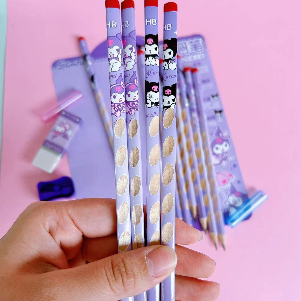 12pc/set HB Pencil Kuromi Groove Slim Pencil Corrective Child Writing Posture Holding pen Hole Wooden Pencil Pensel stationery