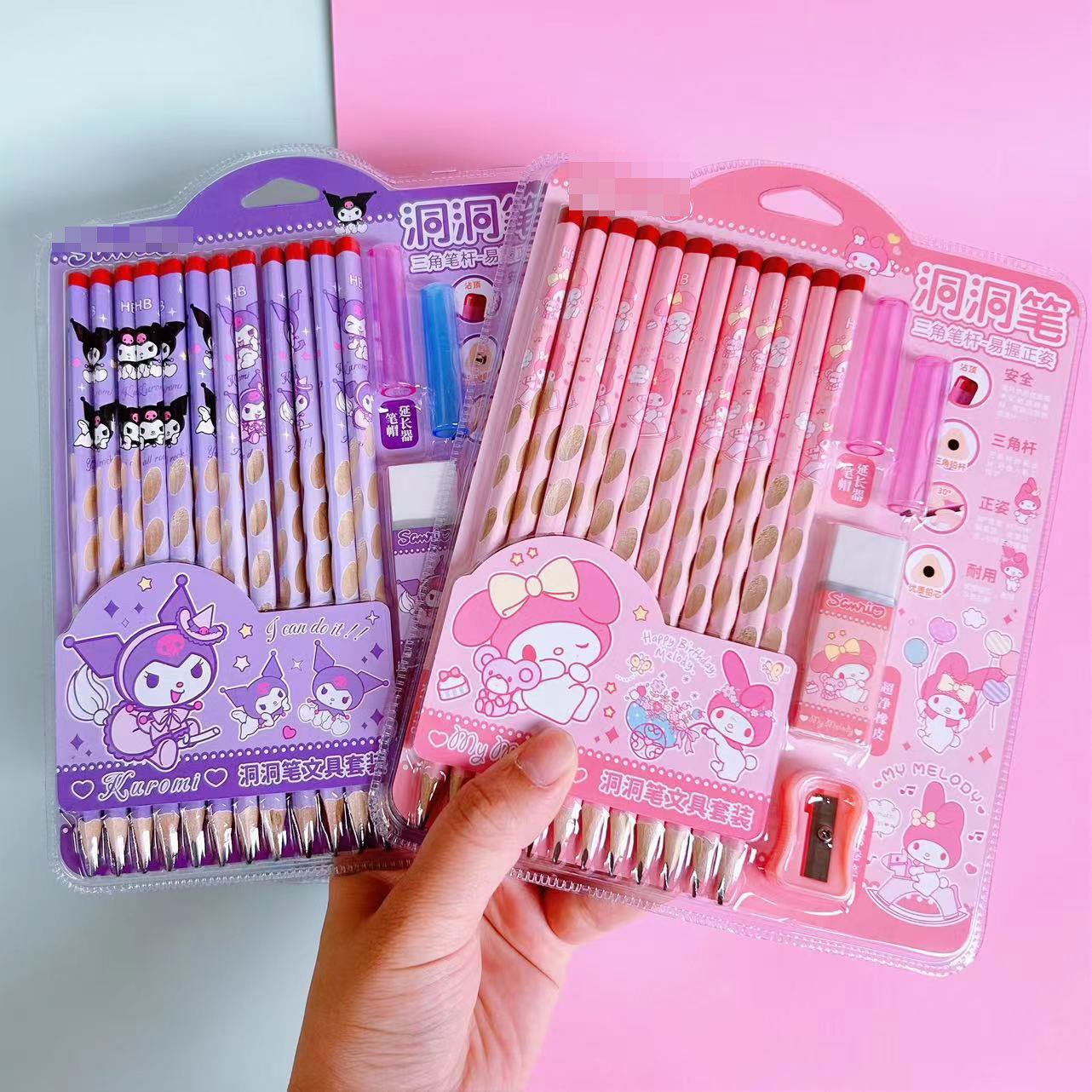 12pc/set HB Pencil Kuromi Groove Slim Pencil Corrective Child Writing Posture Holding pen Hole Wooden Pencil Pensel stationery