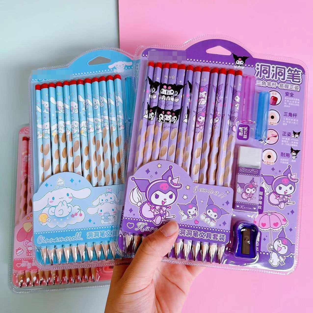 12pc/set HB Pencil Kuromi Groove Slim Pencil Corrective Child Writing Posture Holding pen Hole Wooden Pencil Pensel stationery