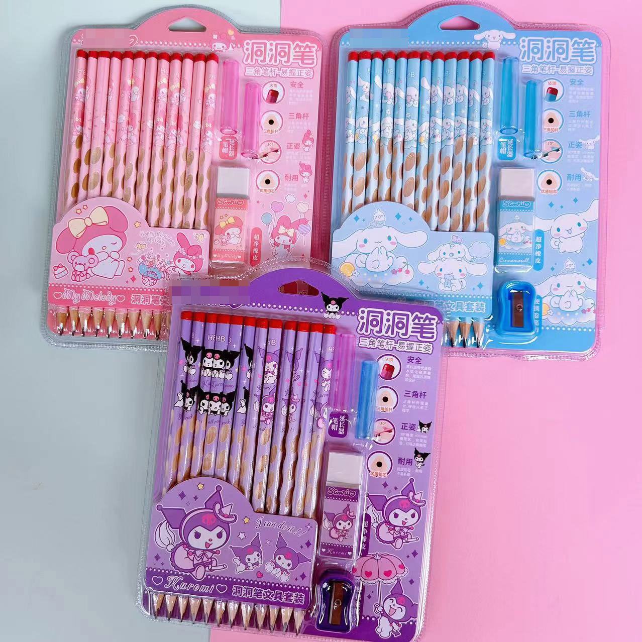 12pc/set HB Pencil Kuromi Groove Slim Pencil Corrective Child Writing Posture Holding pen Hole Wooden Pencil Pensel stationery