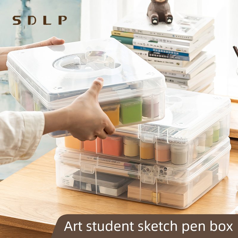 Japanese-Style Double-Layer Transparent Portable Plastic Storage Box Bear-Designed Student Desktop Organizer Pencil Cases School