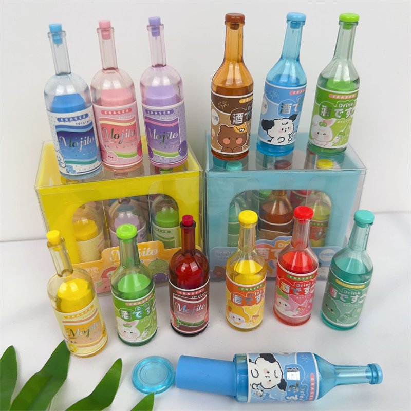 School eraser for children Creative wine bottles shaped design 6 pcs/set 3d kids rubber eraser kawaii stationery wholesale
