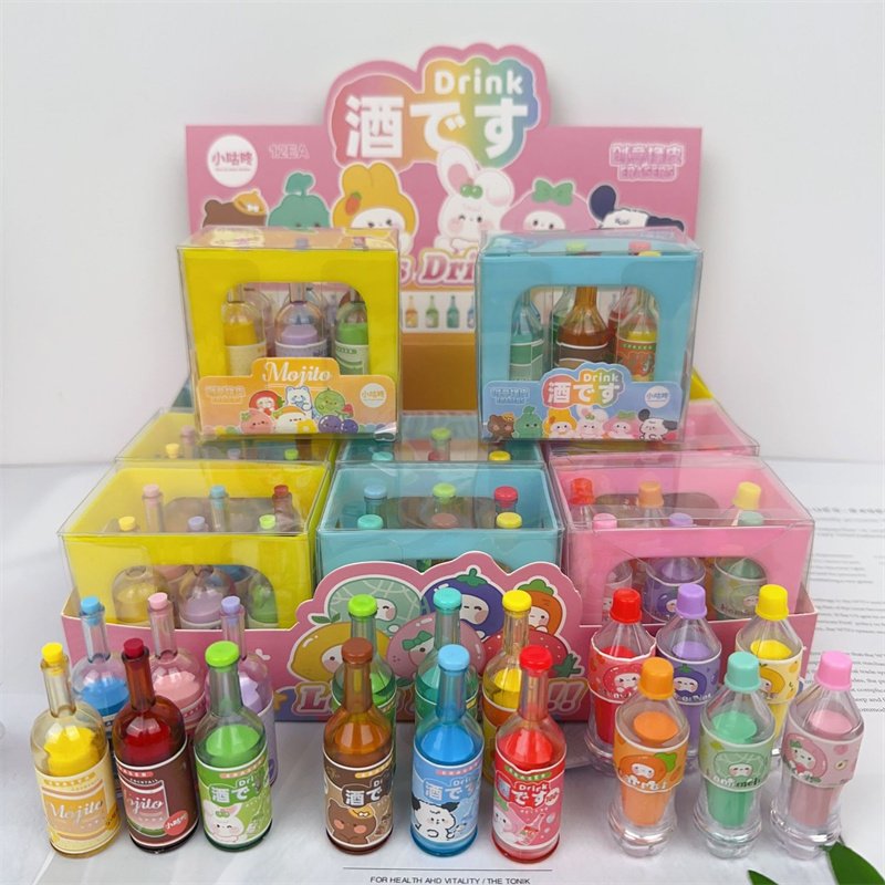 School eraser for children Creative wine bottles shaped design 6 pcs/set 3d kids rubber eraser kawaii stationery wholesale