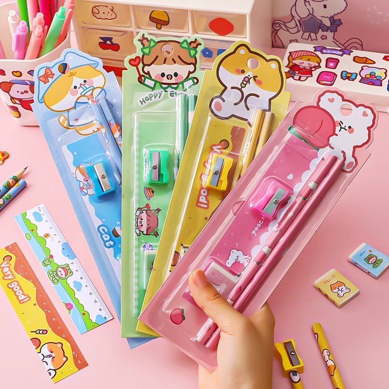 Wholesale cheap cartoon school pencil eraser stationery set for children gift