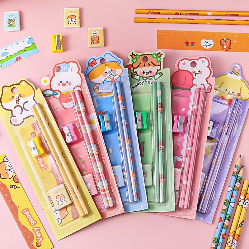 Wholesale cheap cartoon school pencil eraser stationery set for children gift