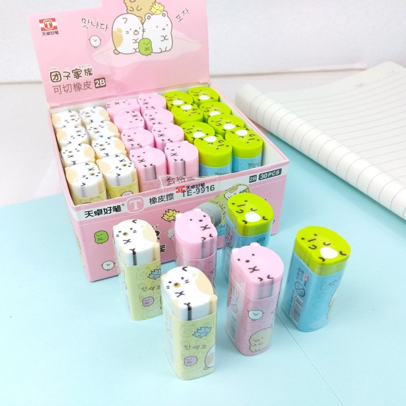 Fashion custom hot office products eraser stationery set mixed colors lovely animal cat shaped long children's pencil erasers