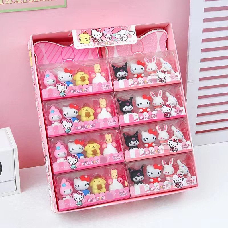 3D Sanrioed eraser kuromi stationery Cartoon 48pcs/box Eraser Rubber Kawaii Students Stationery blind box 3D Eraser box set