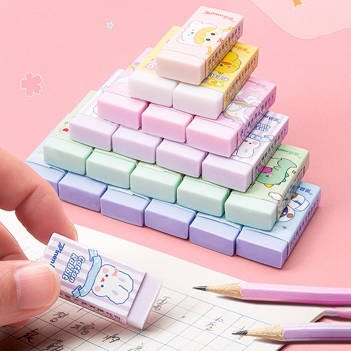 Cartoon Pencil Eraser Clean School Supplies Wholesale for Children Bagged Erasers