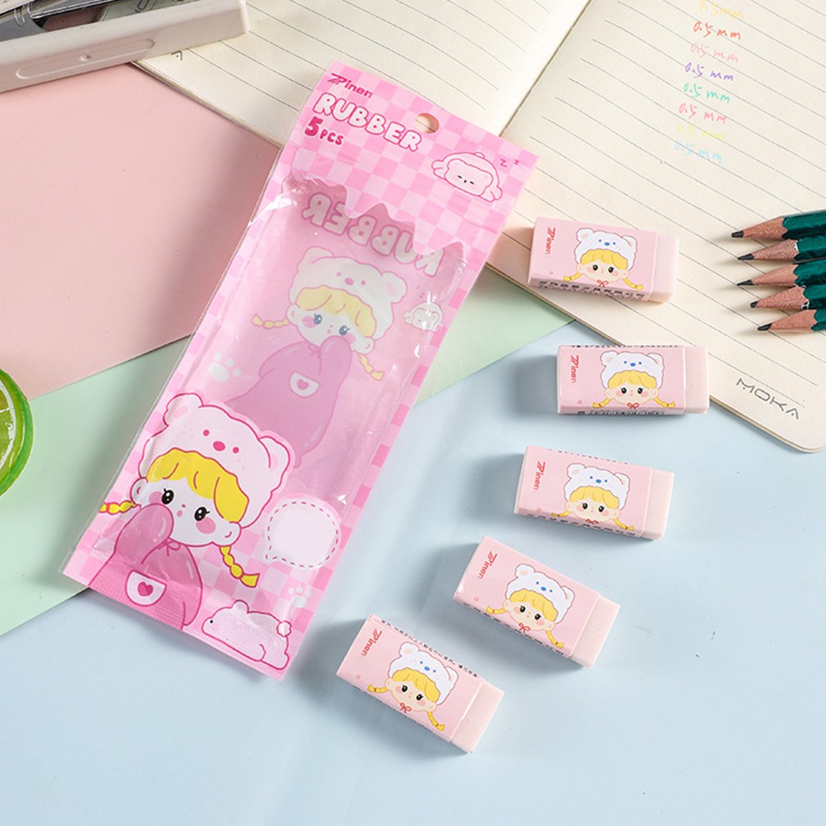 Cartoon Pencil Eraser Clean School Supplies Wholesale for Children Bagged Erasers