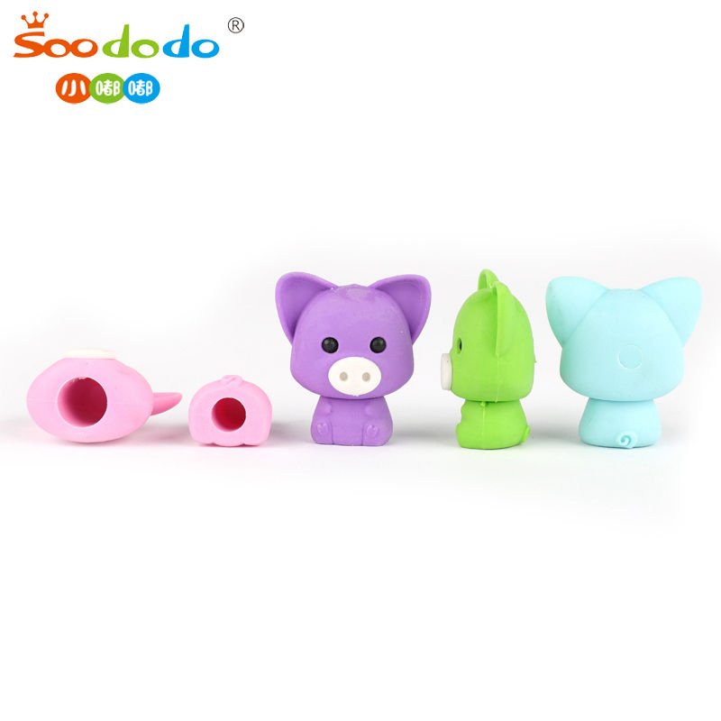 Custom Cartoon Mini Children TPR Kids Toys Gift 3D Head Pencil Topper Pig Shape Animal Rubber Eraser Cute Degien Eraser