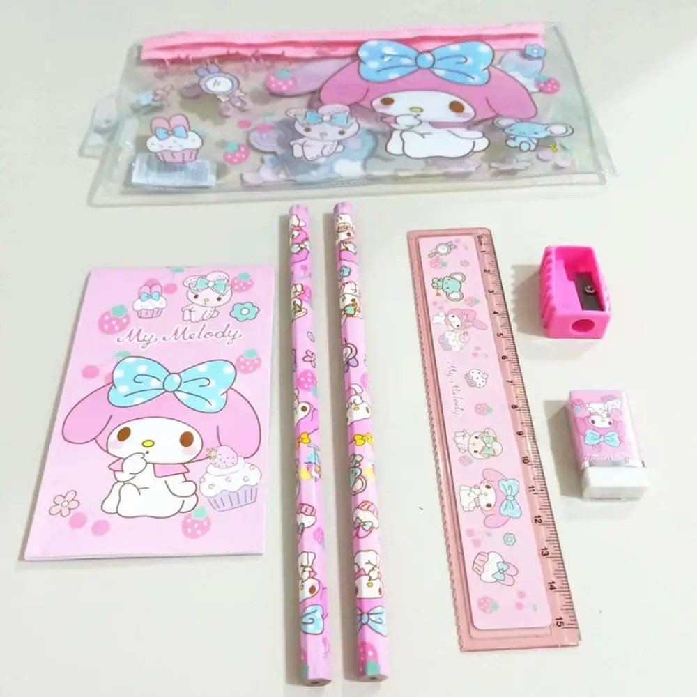 YuBo 12pc Anime Melody Kuromi Stationery Set Cinnamoroll Student Cartoon Pencil Eraser Ruler Pen Bag Storage Set School Supplies