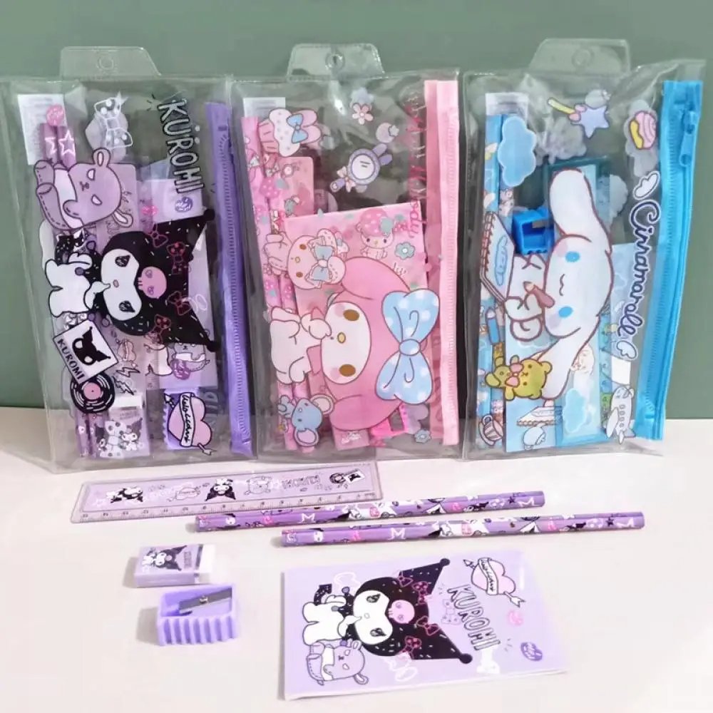 YuBo 12pc Anime Melody Kuromi Stationery Set Cinnamoroll Student Cartoon Pencil Eraser Ruler Pen Bag Storage Set School Supplies