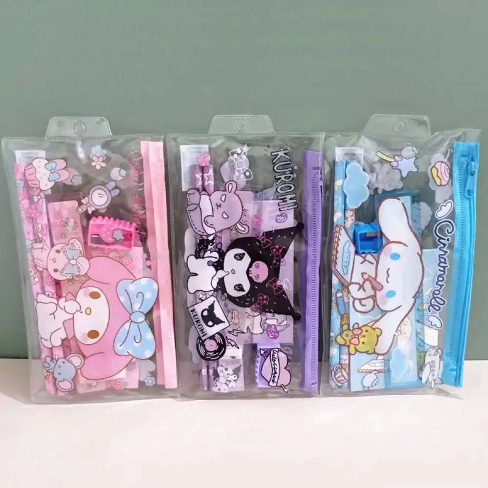 YuBo 12pc Anime Melody Kuromi Stationery Set Cinnamoroll Student Cartoon Pencil Eraser Ruler Pen Bag Storage Set School Supplies