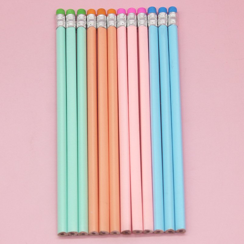 macron color Triangular pen holder customized logo wooden hb cute pencil with erase