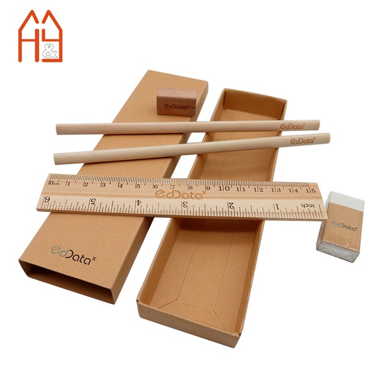 Customized engraving laser logo Office Stationery Gift Set Paper box and Wooden Pencil stationery set for school
