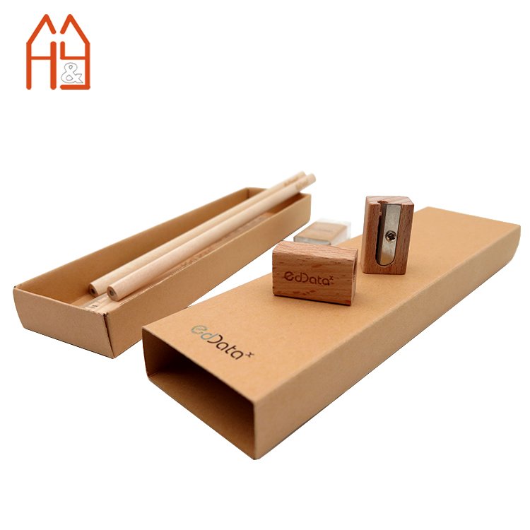 Customized engraving laser logo Office Stationery Gift Set Paper box and Wooden Pencil stationery set for school