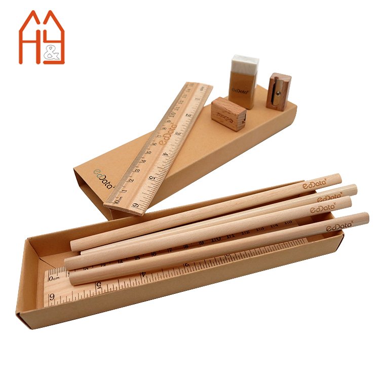 Customized engraving laser logo Office Stationery Gift Set Paper box and Wooden Pencil stationery set for school