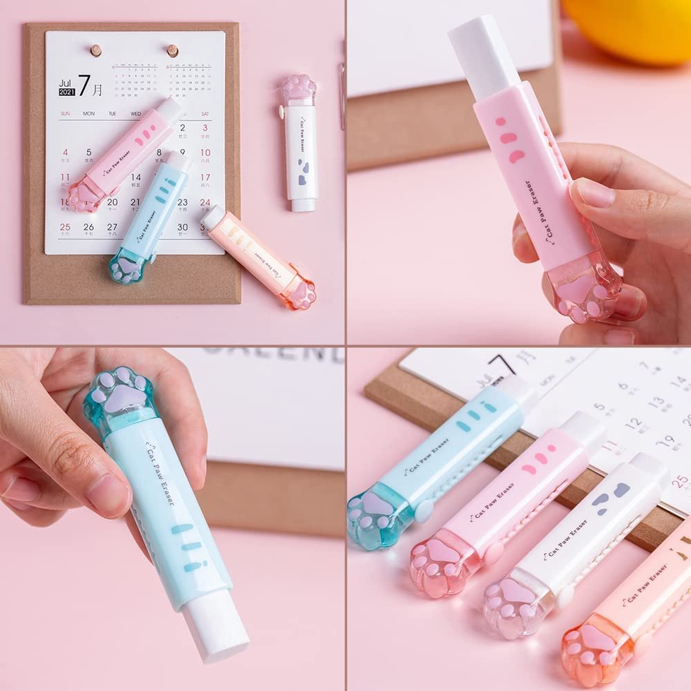 4 pieces cat paw shape retractable eraser children's cute rubber, push-pull rubber eraser students writing office school supply
