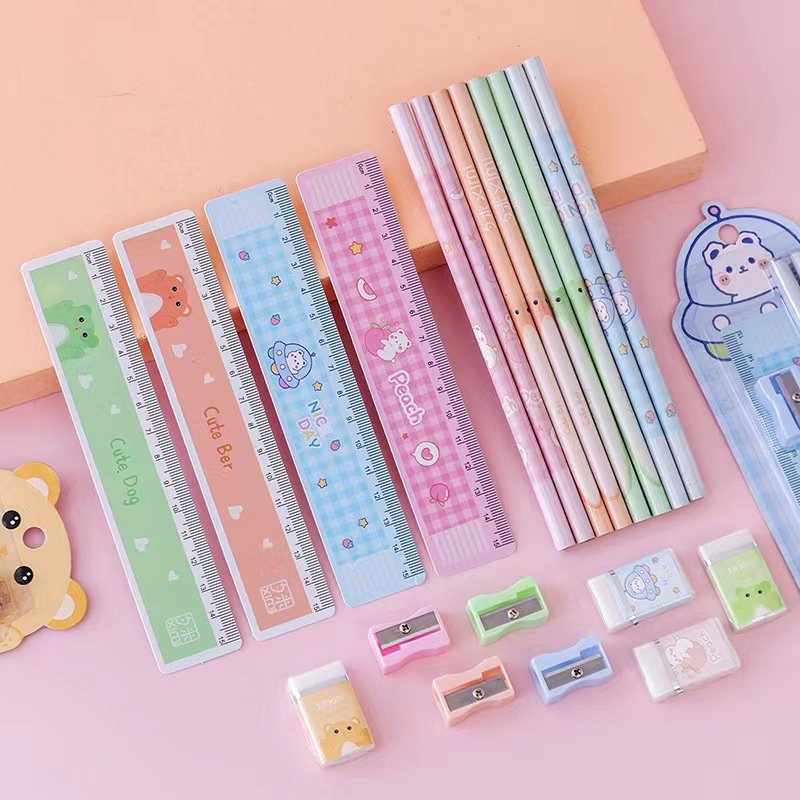 Wholesale 5pcs Set Wooden Pencils Suit Children's Drawing School Student Writing Stationery Sharpener Eraser Scale Christmas set