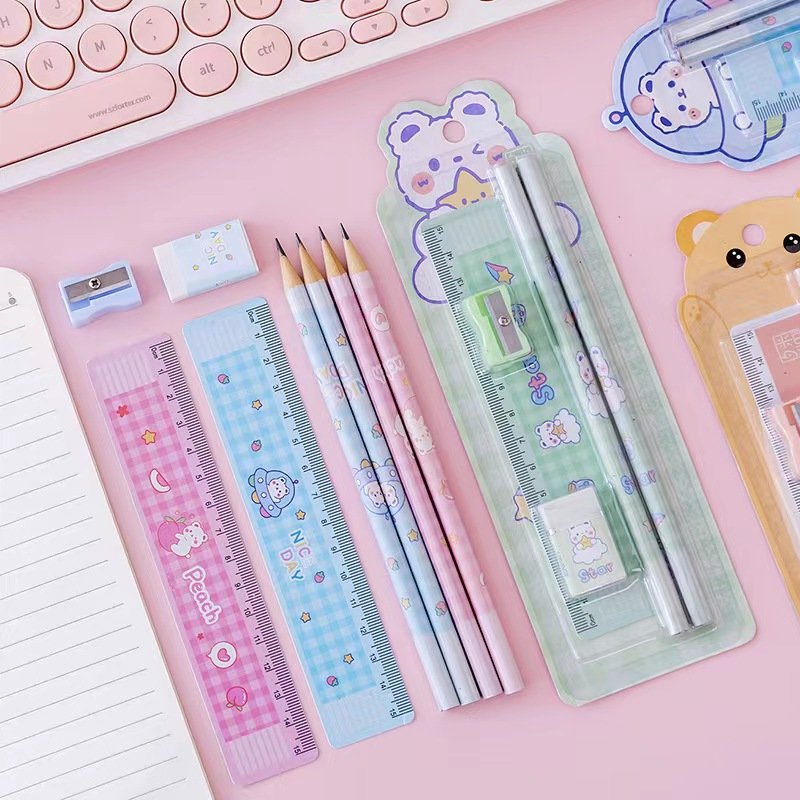 Wholesale 5pcs Set Wooden Pencils Suit Children's Drawing School Student Writing Stationery Sharpener Eraser Scale Christmas set
