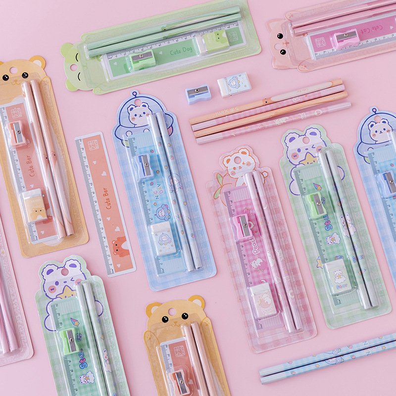Best Children's gifts 5 in 1 stationery set pencil eraser pencil sharpener ruler student study stationery school supplies