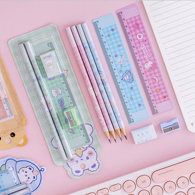 Wholesale Creative Children's Day Gift Pencil Stationery Set Birthday Gift Kawaii Set Cartoon Ruler Rubber Sharpener