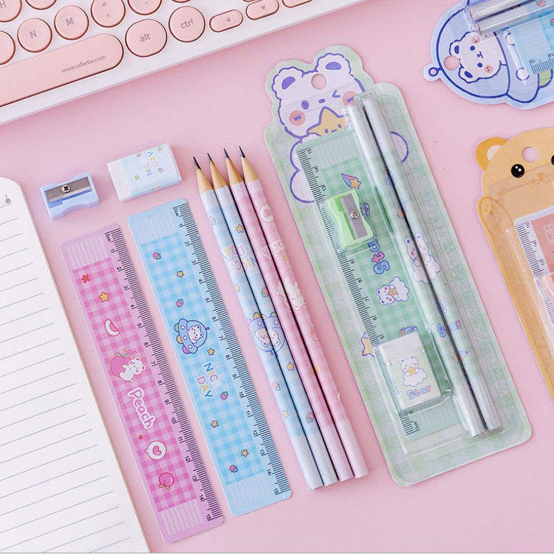 Wholesale Creative Children's Day Gift Pencil Stationery Set Birthday Gift Kawaii Set Cartoon Ruler Rubber Sharpener