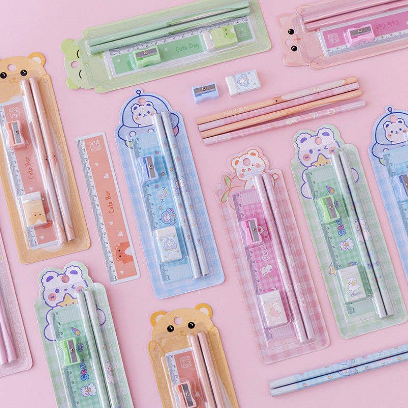 Wholesale Creative Children's Day Gift Pencil Stationery Set Birthday Gift Kawaii Set Cartoon Ruler Rubber Sharpener