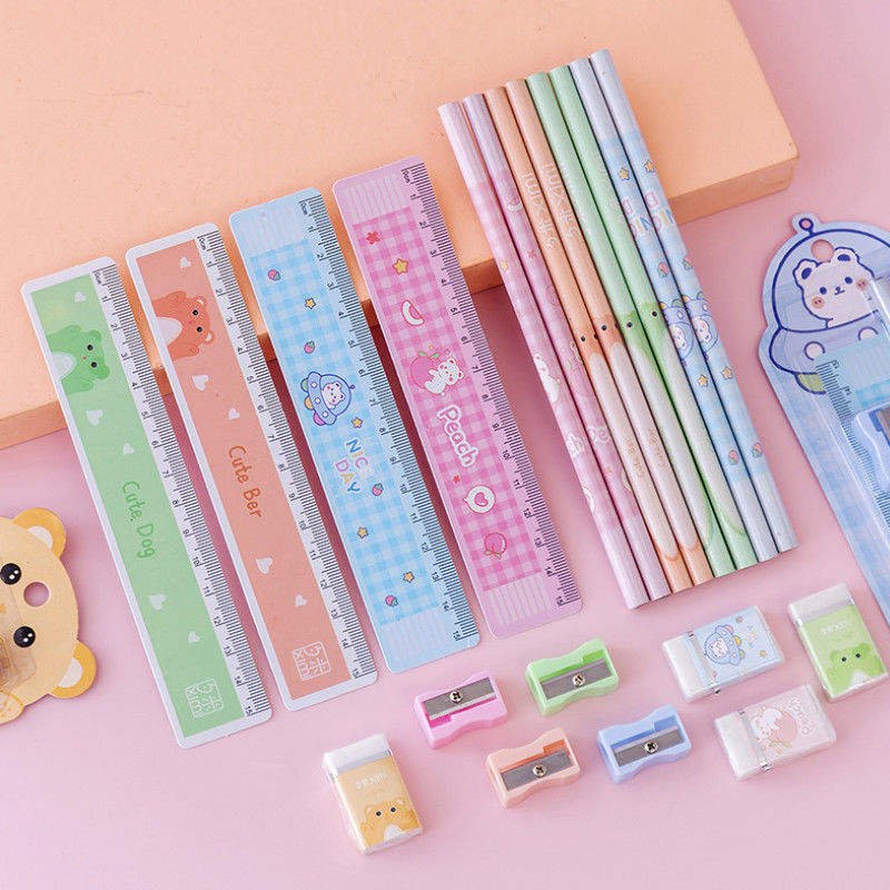 Wholesale Creative Children's Day Gift Pencil Stationery Set Birthday Gift Kawaii Set Cartoon Ruler Rubber Sharpener