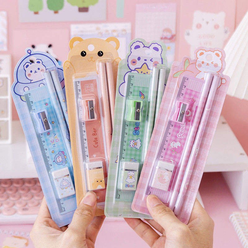 Wholesale Creative Children's Day Gift Pencil Stationery Set Birthday Gift Kawaii Set Cartoon Ruler Rubber Sharpener