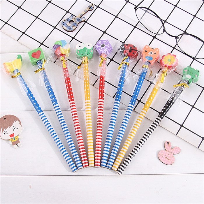 Children cartoon pencil with eraser Creative HB crude wood Pencil School Supplies