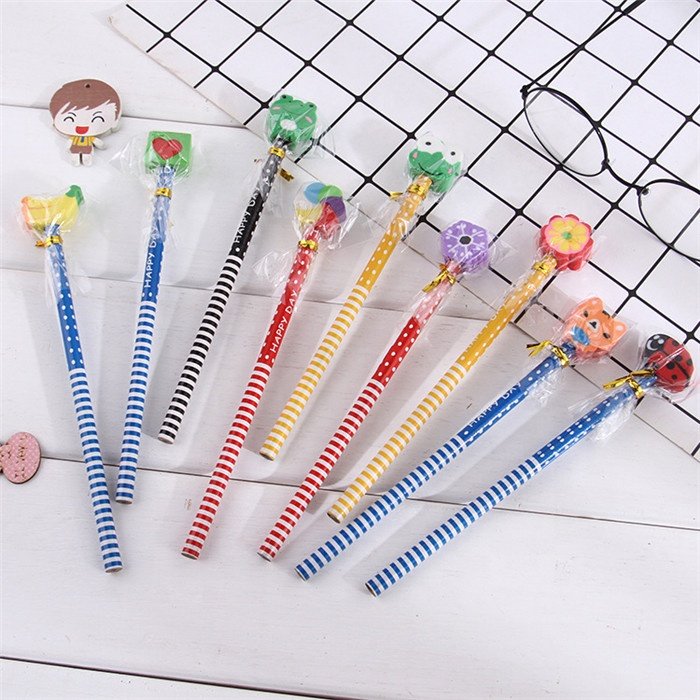 Children cartoon pencil with eraser Creative HB crude wood Pencil School Supplies