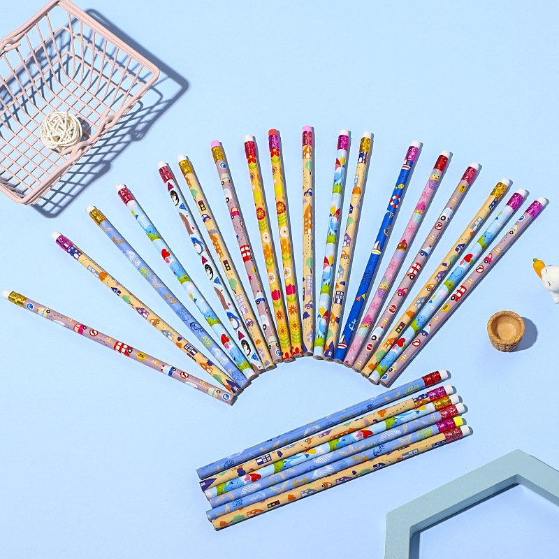 HB Children's writing drawing Sketch pen Round stick pencil with rubber cartoon pencil