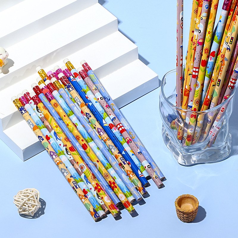 HB Children's writing drawing Sketch pen Round stick pencil with rubber cartoon pencil