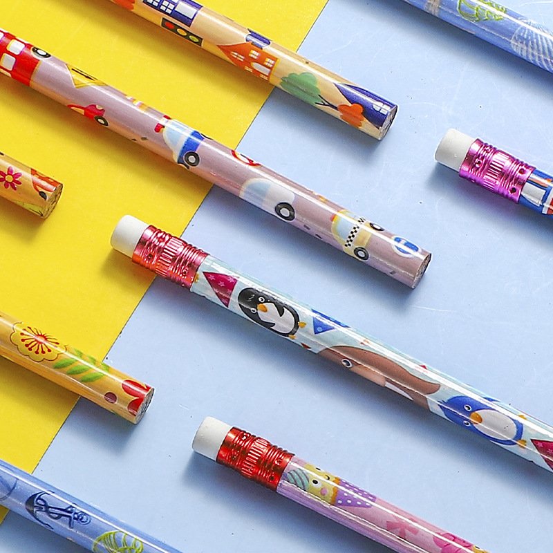 HB Children's writing drawing Sketch pen Round stick pencil with rubber cartoon pencil