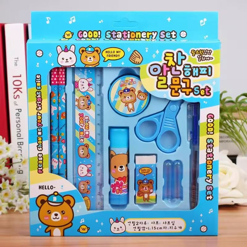 Wholesale Cute Cartoon Stationery Set Pencil Ruler Scissors Eraser Creative Stationery Set For Children School School Supplies