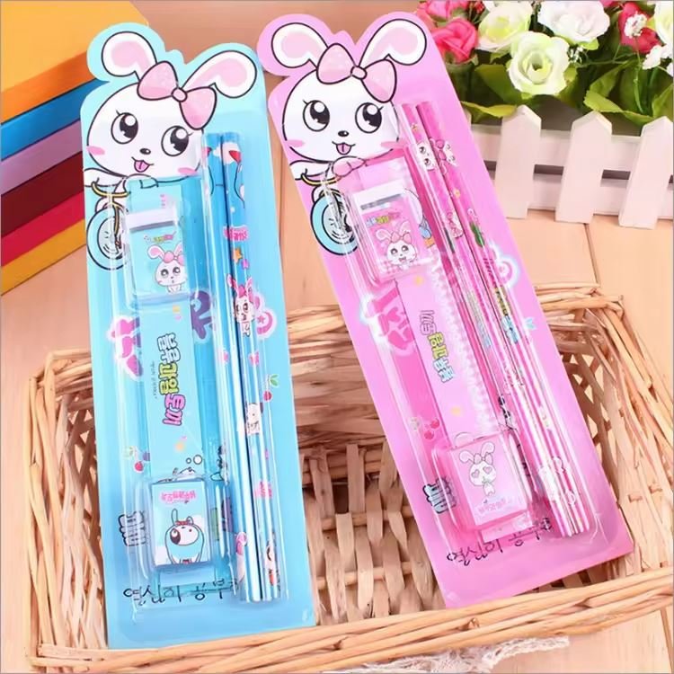 Wholesale Cute Cartoon Stationery Set Pencil Ruler Scissors Eraser Creative Stationery Set For Children School School Supplies