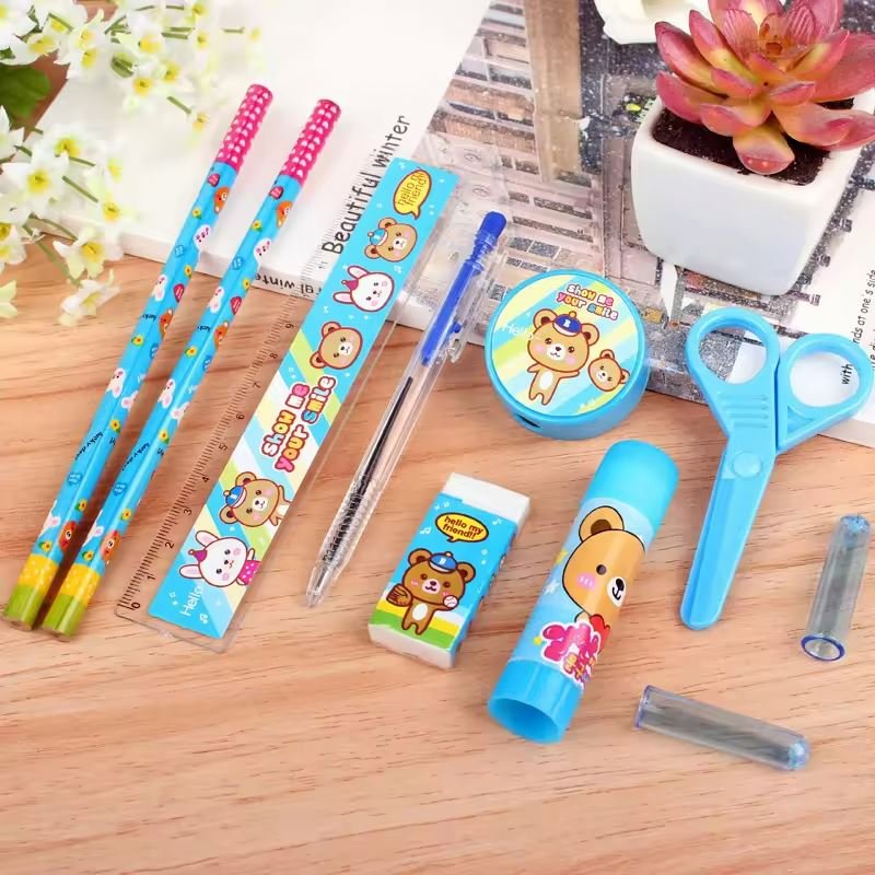 Wholesale Cute Cartoon Stationery Set Pencil Ruler Scissors Eraser Creative Stationery Set For Children School School Supplies