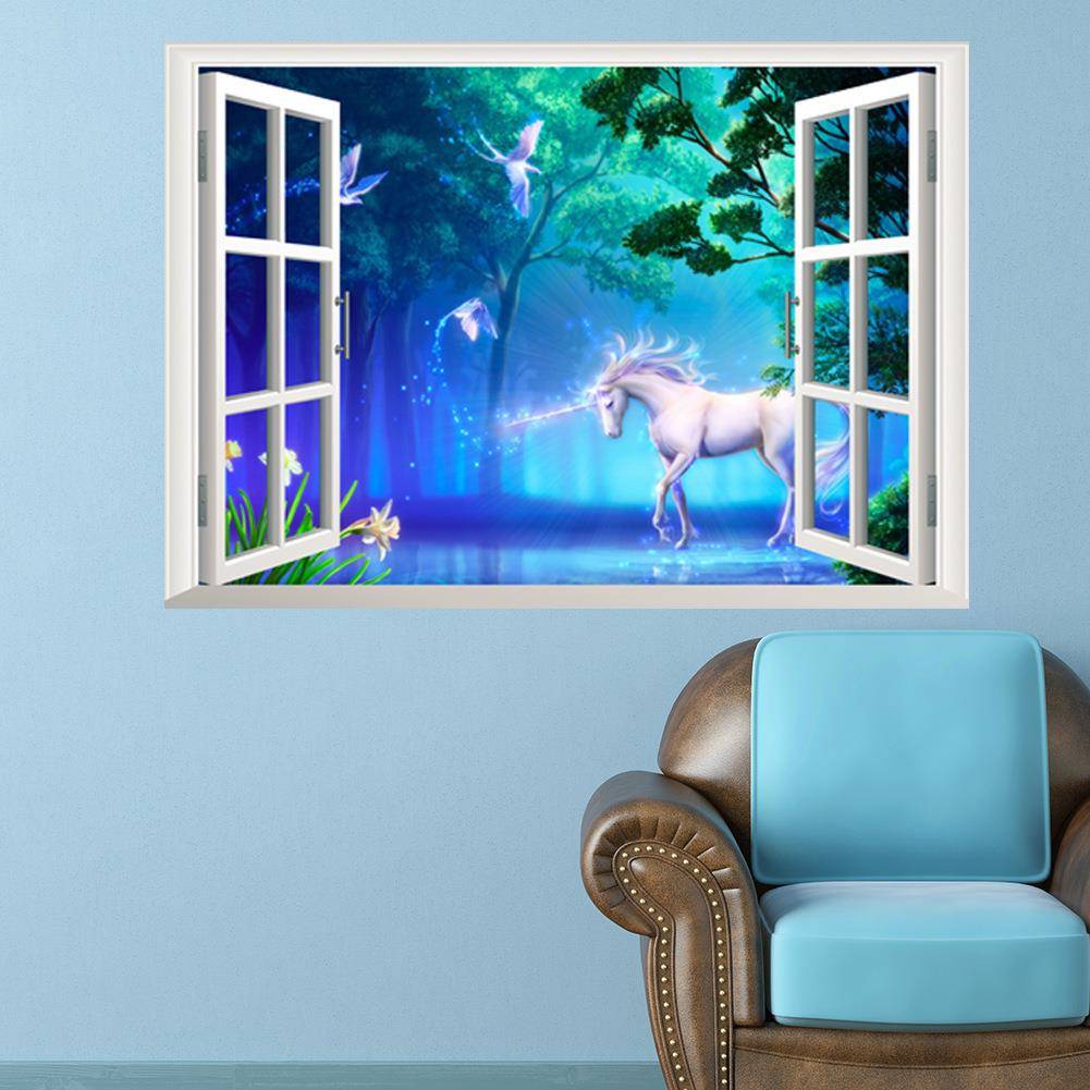 New hot sale 3D three -dimensional unicorn fake window living room TV background wall stickers 14155s