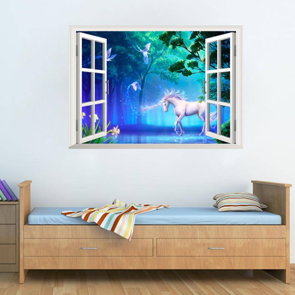 New hot sale 3D three -dimensional unicorn fake window living room TV background wall stickers 14155s