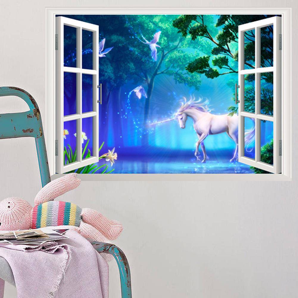 New hot sale 3D three -dimensional unicorn fake window living room TV background wall stickers 14155s