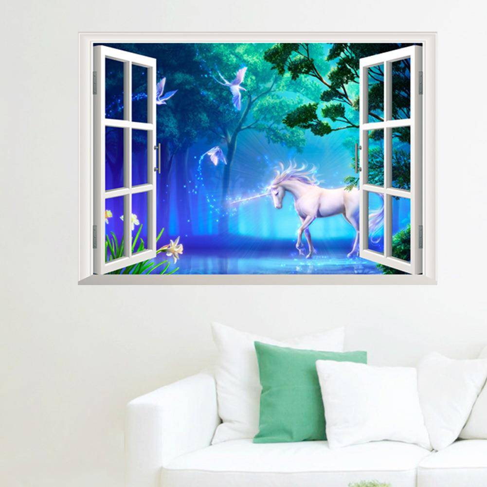New hot sale 3D three -dimensional unicorn fake window living room TV background wall stickers 14155s