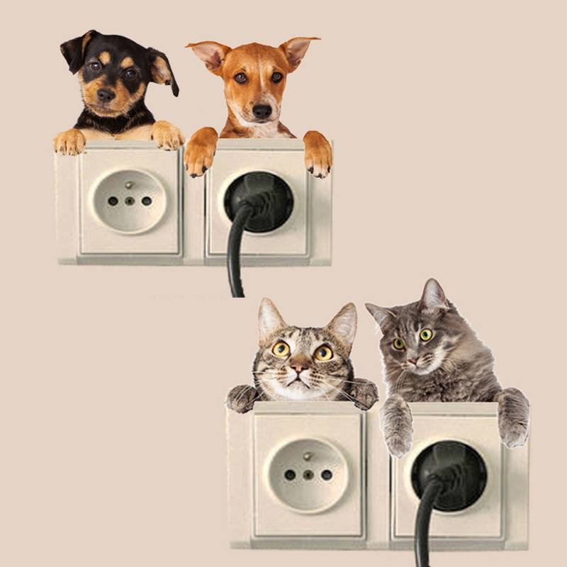 Cat and dog cartoon wall sticker creative switch wall sticker bedroom can remove waterproof PVC decorative stickers